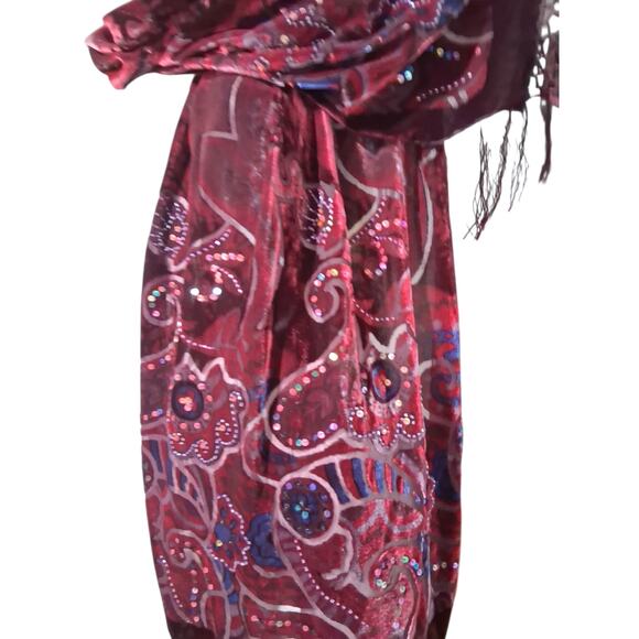 Womens Velvet Burnout Sequin Beaded Fringe Whimsical Fairycore Witchy Scarf Wrap - Picture 5 of 7